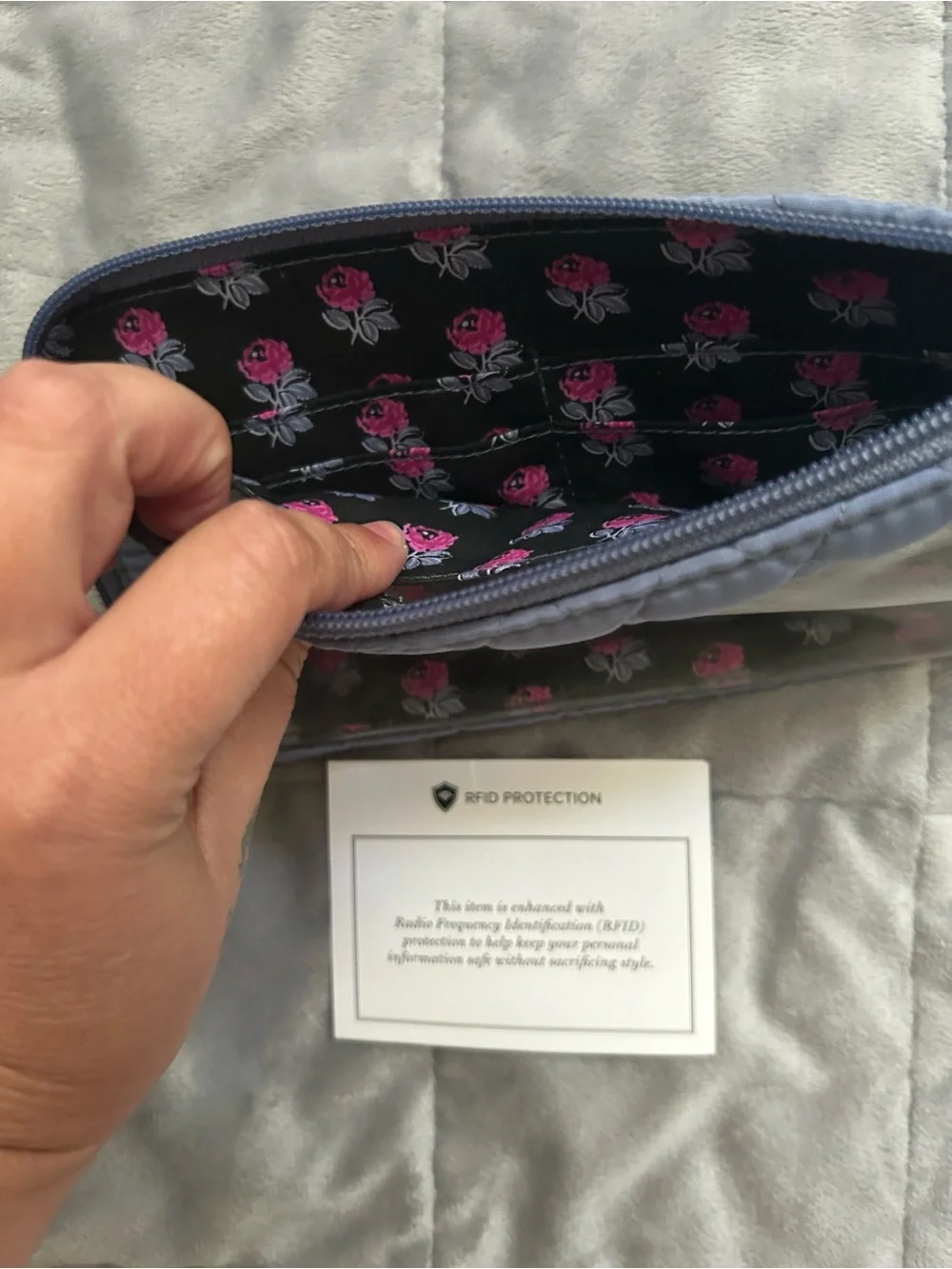Vera Bradley Quilted Zip Wallet in Light Blue with Pink Floral Lining - Picture 3 of 5